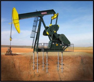 Artistic rendering of pump jack supported on helical piles